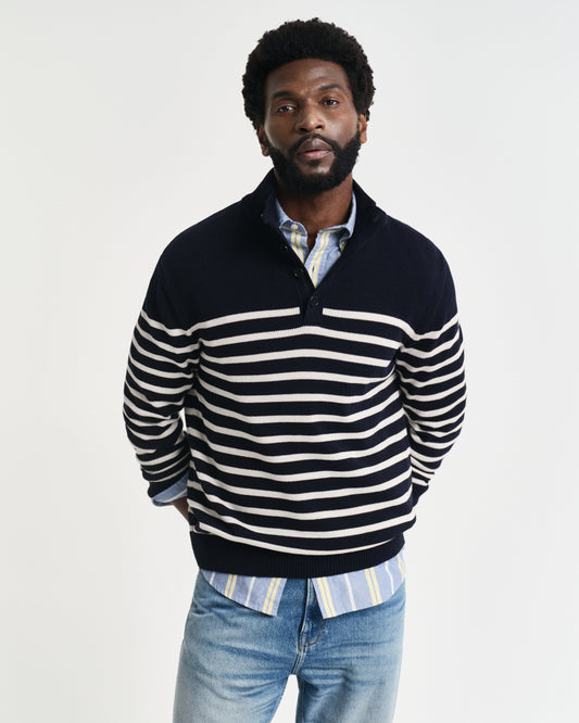 EVENING BLUE, STRIPED COTTON HALF BUTTONED NECK, FRONT-VIEW BY GANT AU.