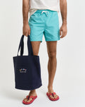 MODEL WEARING SWIM SHORTS