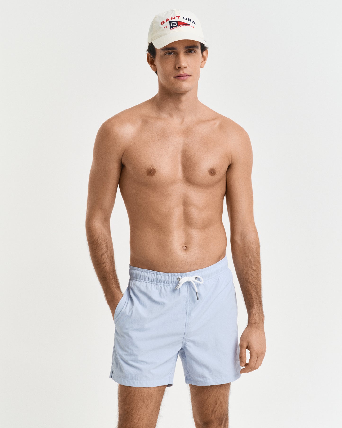 MODEL WEARING SWIM SHORTS