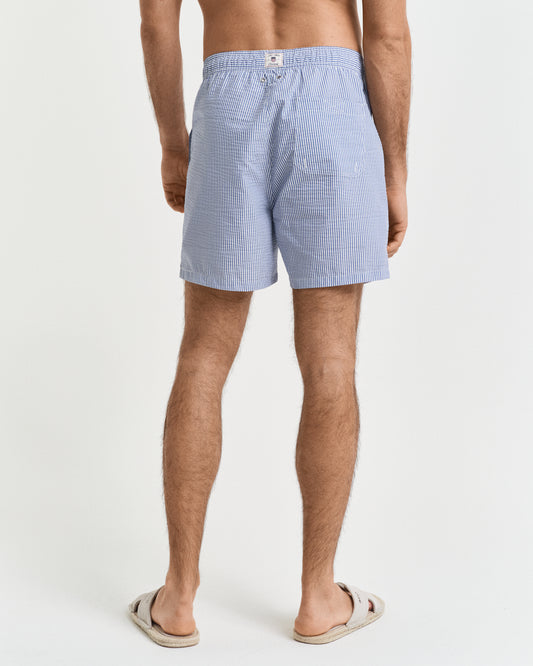 RICH BLUE, SEERSUCKER SWIM SHORTS, BACK-VIEW BY GANT AU.