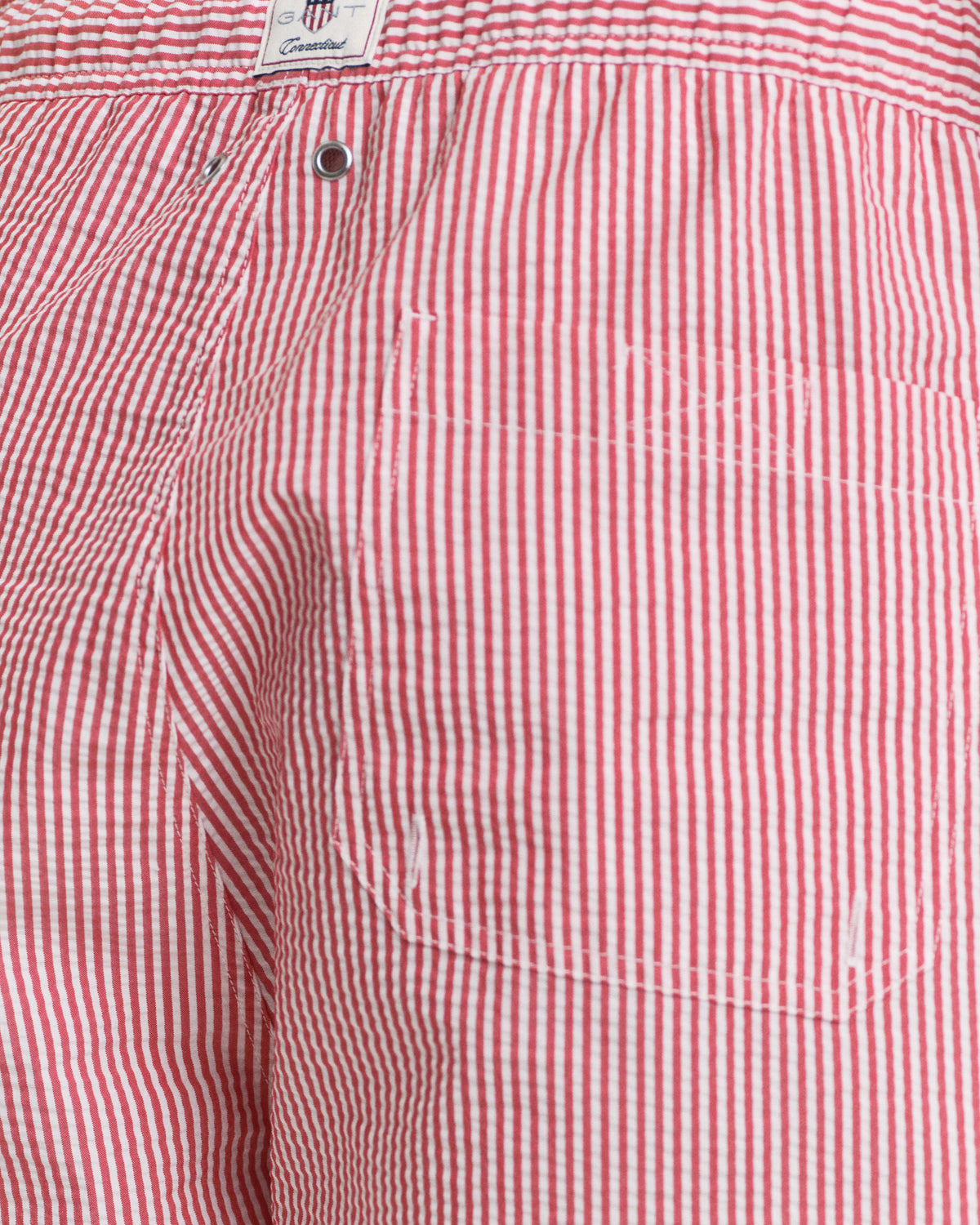 MODEL WEARING SEERSUCKER SWIM SHORTS