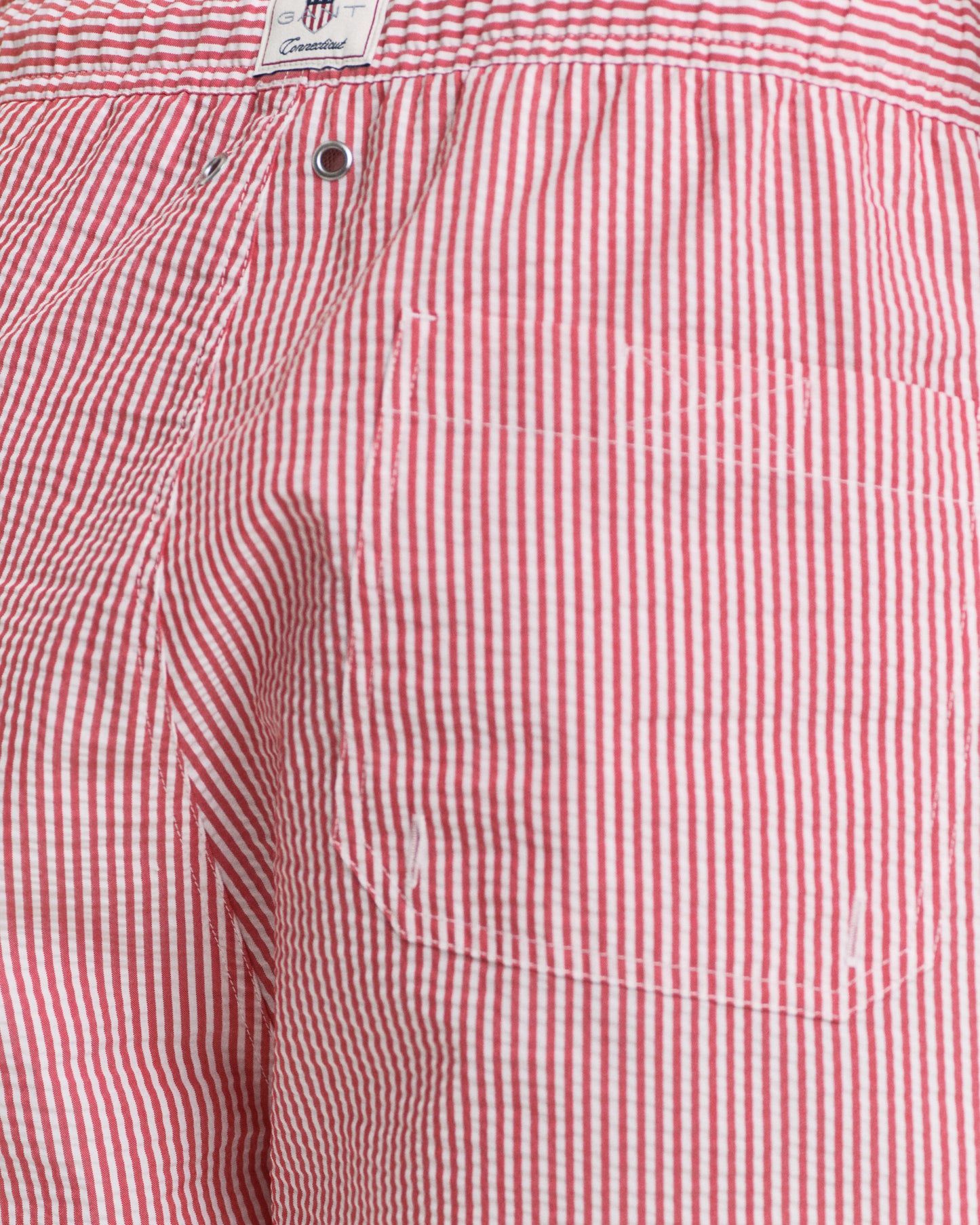 MODEL WEARING SEERSUCKER SWIM SHORTS