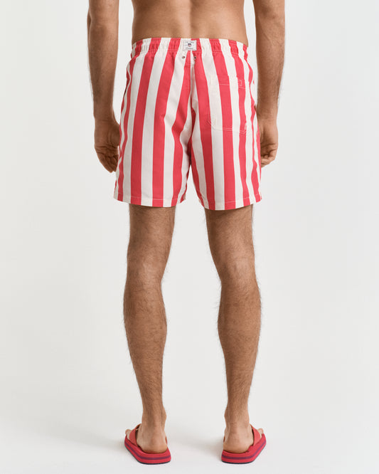 WATERMELON RED, BLOCK STRIPE SWIM SHORTS, BACK-VIEW BY GANT AU.