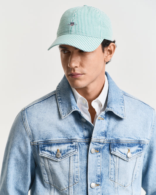 VIVID GREEN, STRIPED SEERSUCKER CAP BY GANT AU.