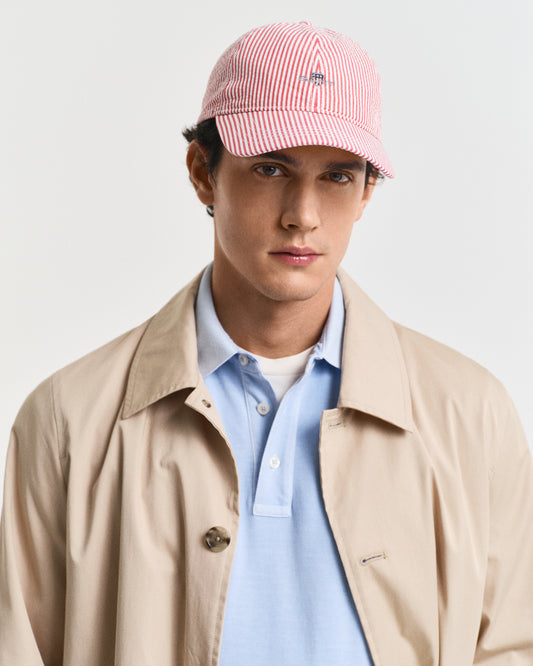 RUBY RED, STRIPED SEERSUCKER CAP BY GANT AU.