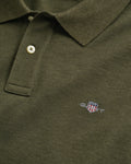 KHAKI GREEN MELANGE, REG SHIELD SS PIQUE POLO, CLOSE-UP BY GANT AU.