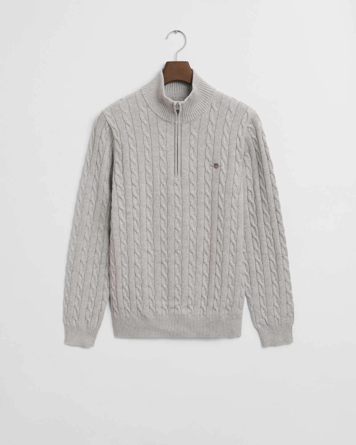 CLOUD GREY MELANGE, COTTON CABLE HALF ZIP BY GANT AU.