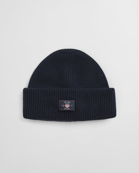 EVENING BLUE, COTTON BLEND RIBBED BEANIE BY GANT AU.