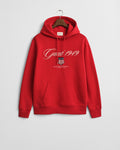 RUBY RED, GRAPHIC HOODIE, FLAT-LAY BY GANT AU.