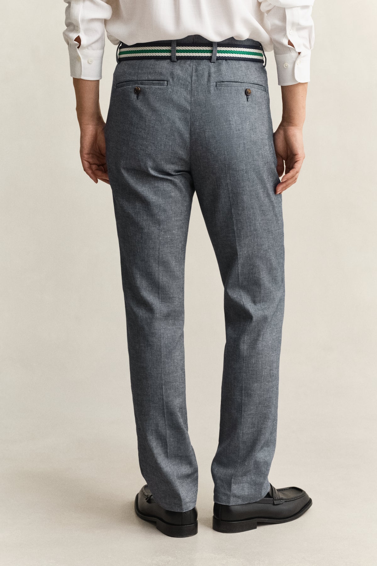 MARINE, INDIGO HERRINGBONE SUIT PANTS, BACK-VIEW BY GANT AU.
