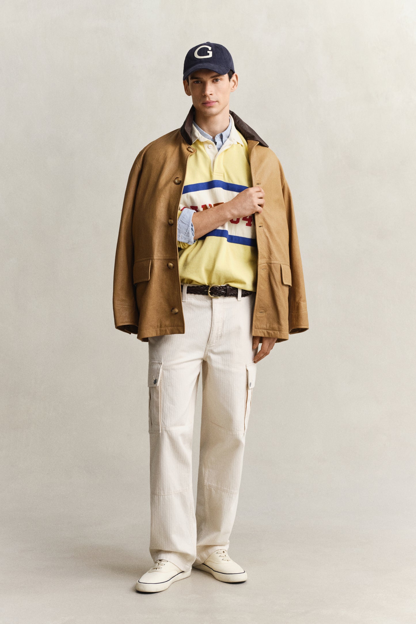CREAMED WHITE, REL HERRINGBONE CARGO PANTS BY GANT AU.