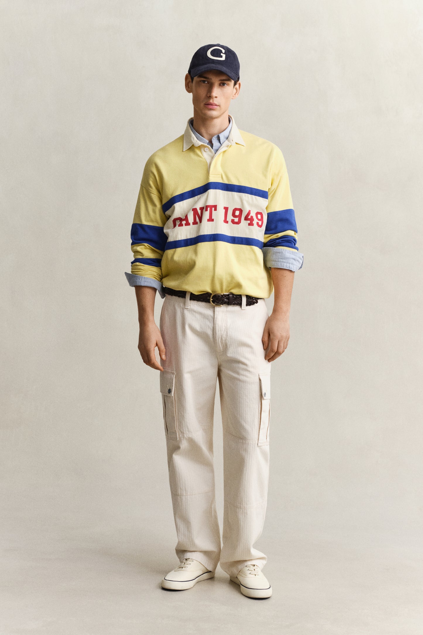 CREAMED WHITE, REL HERRINGBONE CARGO PANTS, FRONT-VIEW BY GANT AU.