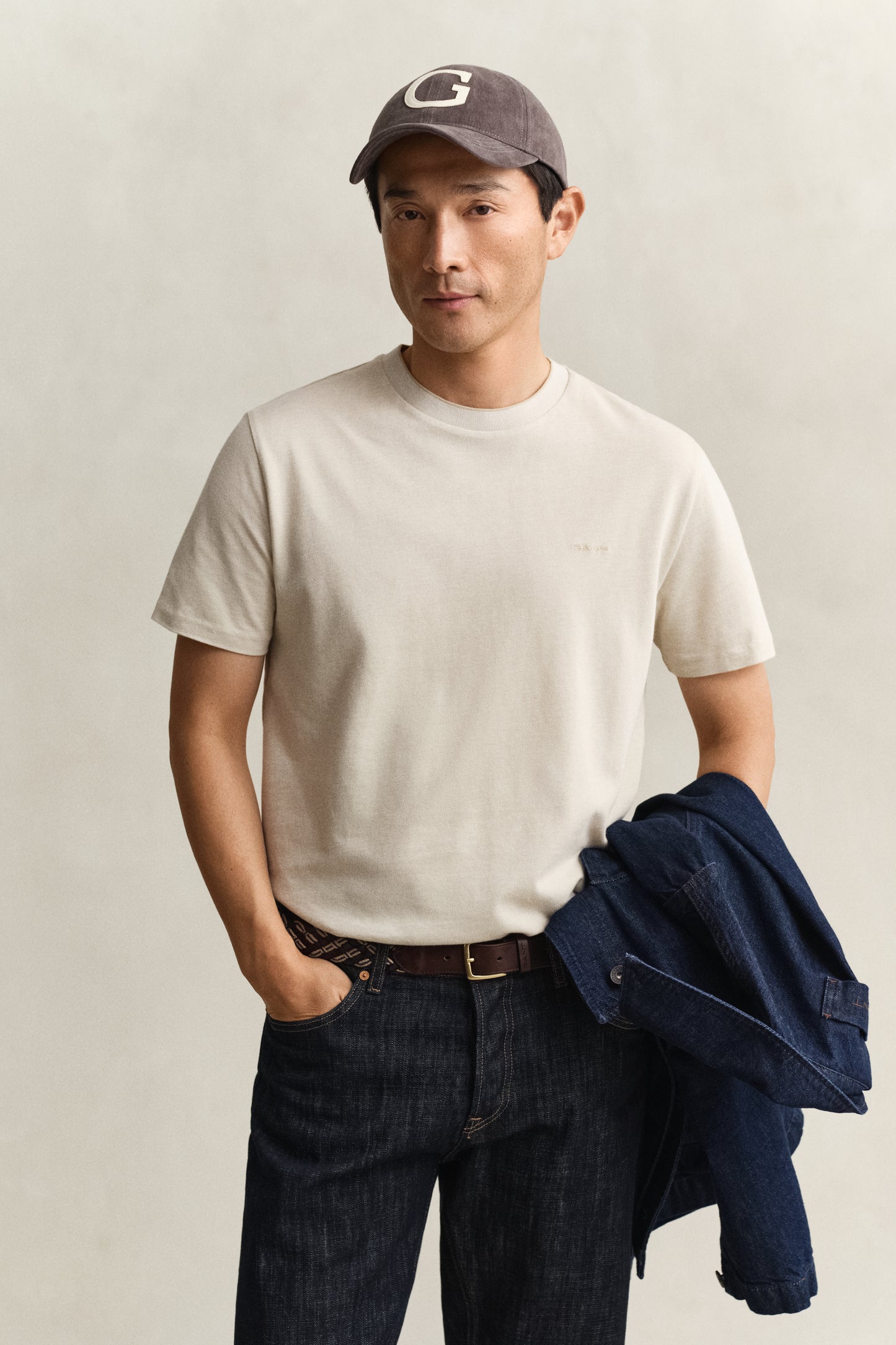 OAT BEIGE, 2 TONE PIQUE SS TSHIRT, FRONT-VIEW BY GANT AU.