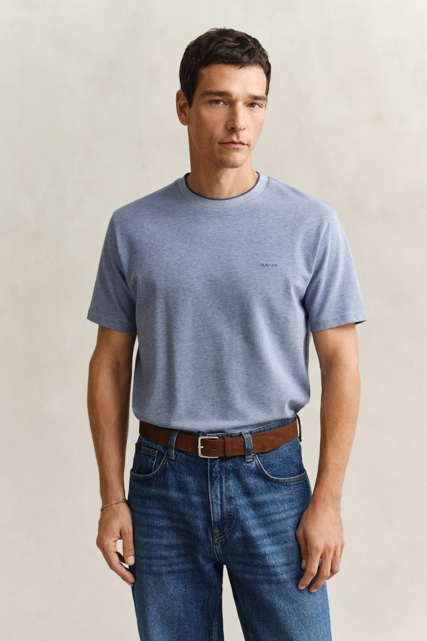 VINTAGE BLUE, 2 TONE PIQUE SS TSHIRT, FRONT-VIEW BY GANT AU.