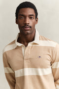 MODEL WEARING STRIPED RUGGER