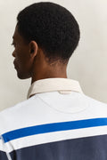 MODEL WEARING BLOCKED STRIPE RUGGER