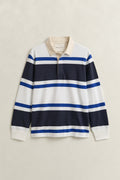 EVENING BLUE, BLOCKED STRIPE RUGGER, FLAT-LAY BY GANT AU.
