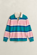 AQUA BLUE, BLOCKED STRIPE RUGGER, FLAT-LAY BY GANT AU.
