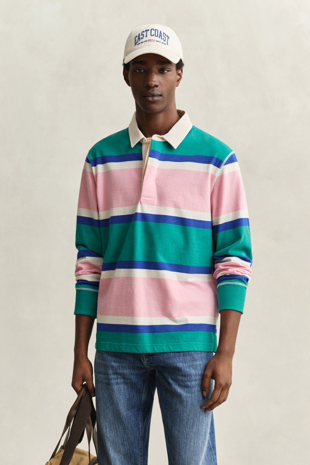 AQUA BLUE, BLOCKED STRIPE RUGGER, FRONT-VIEW BY GANT AU.
