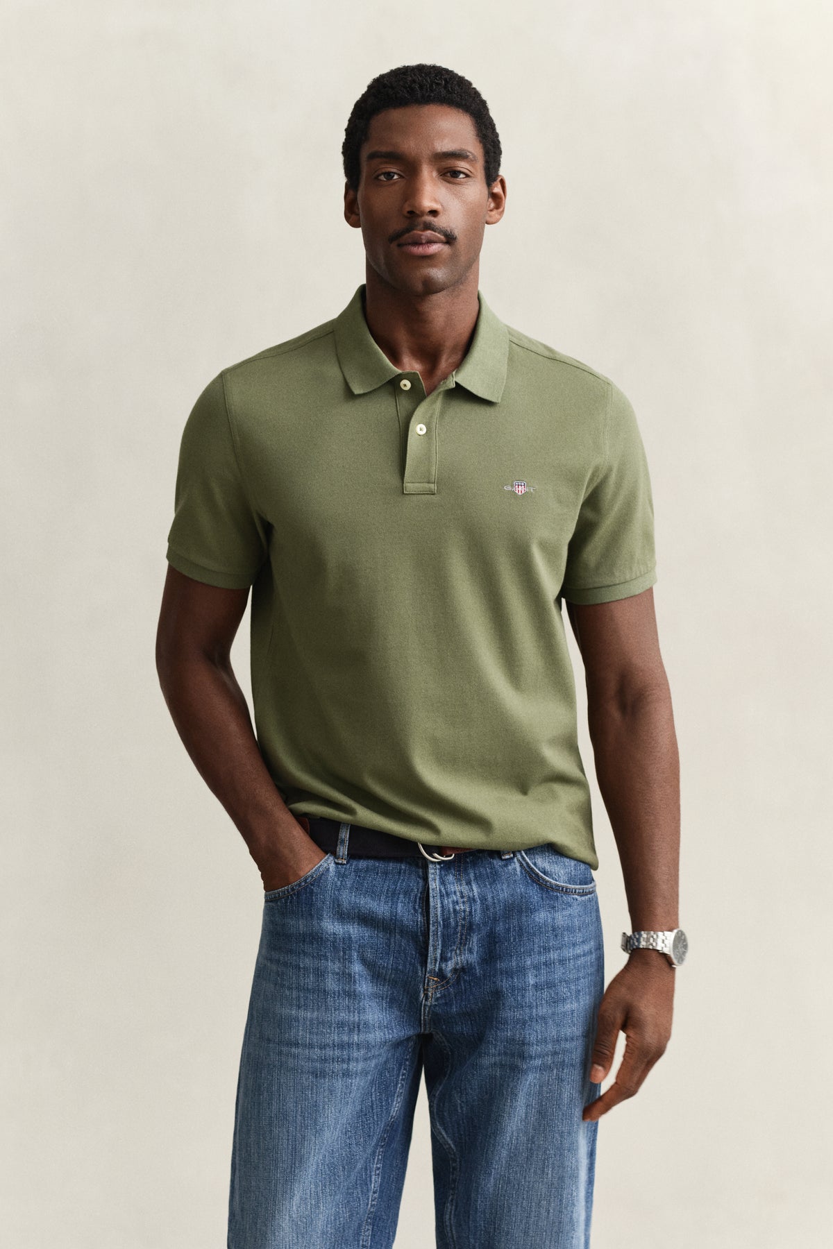 DRY HERB GREEN, REG SHIELD SS PIQUE POLO, FRONT-VIEW BY GANT AU.