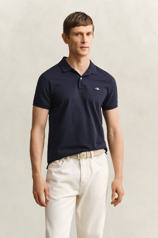 EVENING BLUE, SLIM SHIELD SS PIQUE POLO, FRONT-VIEW BY GANT AU.