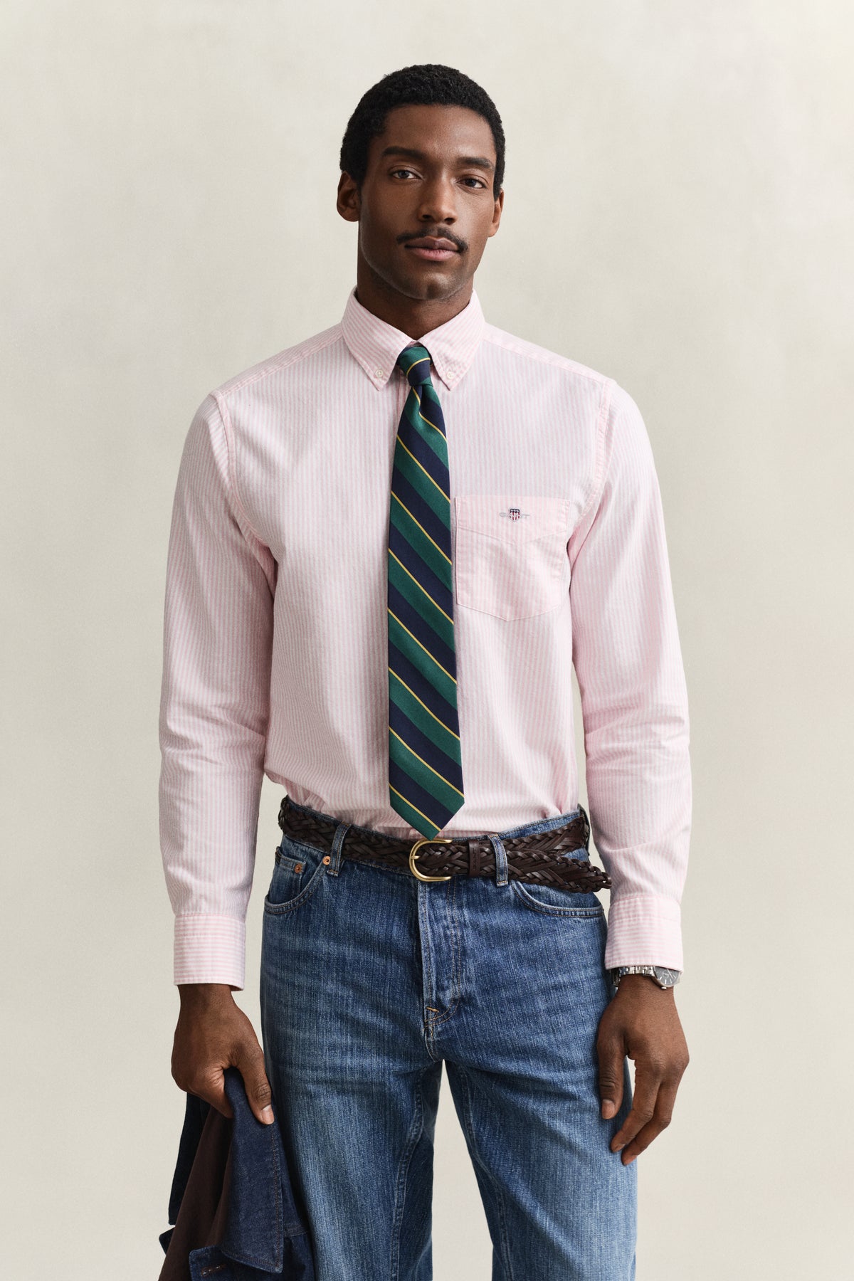 MODEL WEARING REG CLASSIC OXFORD STRIPE SHIRT