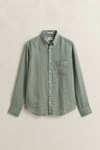 CERAMIC GREY, REG GMNT DYED LINEN SHIRT, FLAT-LAY BY GANT AU.