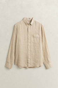 OAT BEIGE, REG GMNT DYED LINEN SHIRT, FLAT-LAY BY GANT AU.