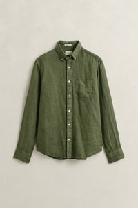 DRY HERB GREEN, REG GMNT DYED LINEN SHIRT, FLAT-LAY BY GANT AU.