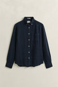 EVENING BLUE, REG GMNT DYED LINEN SHIRT, FLAT-LAY BY GANT AU.