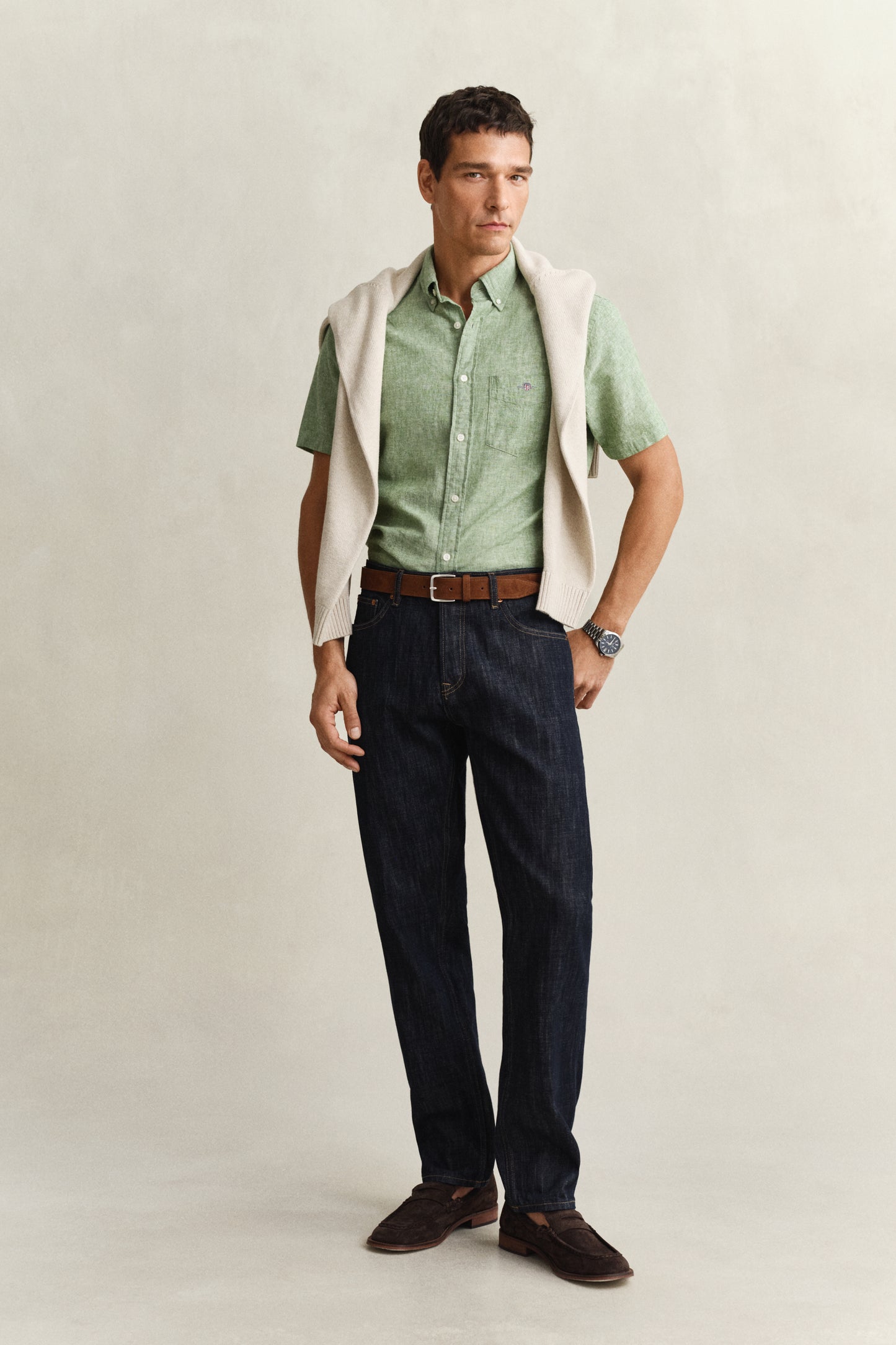 HERB GREEN, REG COTTON LINEN SS SHIRT BY GANT AU.