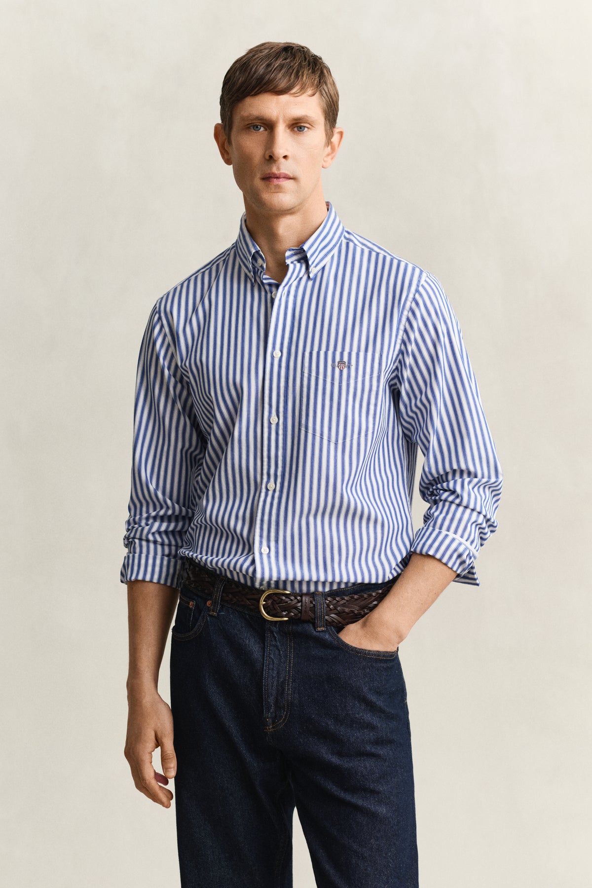 COLLEGE BLUE, REG CLASSIC POPLIN STRIPE SHIRT, FRONT-VIEW BY GANT AU.