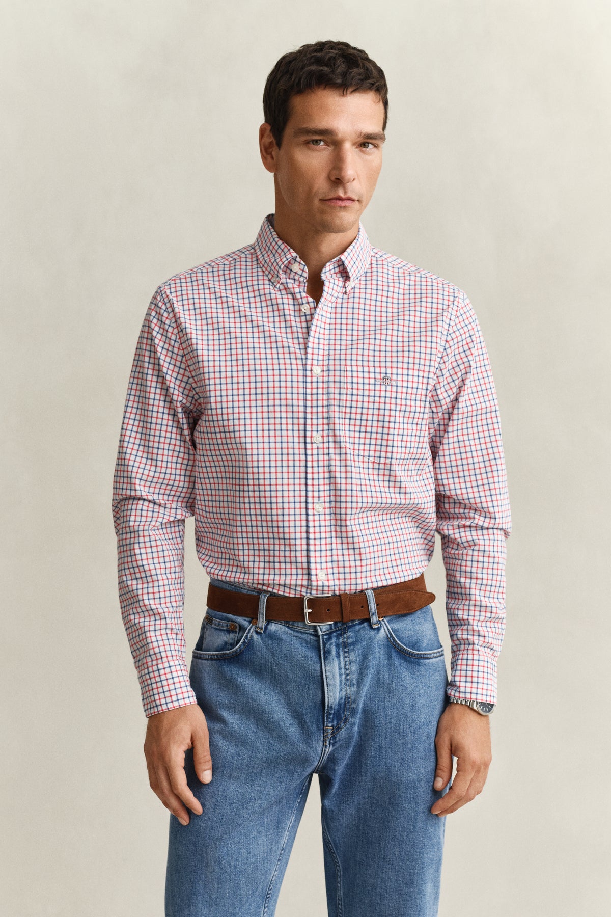 ROSE RED, REG CLASSIC POPLIN CHECK, FRONT-VIEW BY GANT AU.