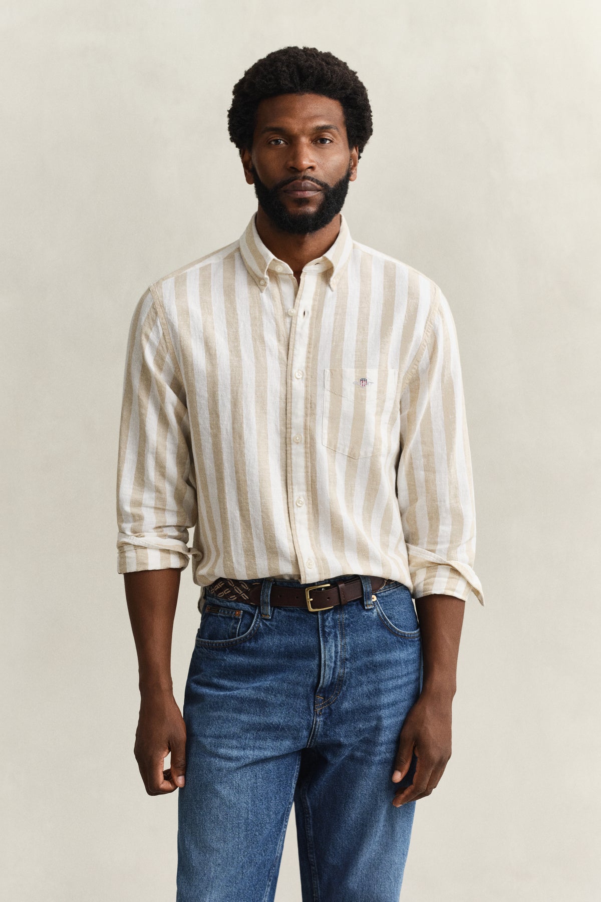 OAT BEIGE, REG COTTON LINEN STRIPE SHIRT, FRONT-VIEW BY GANT AU.