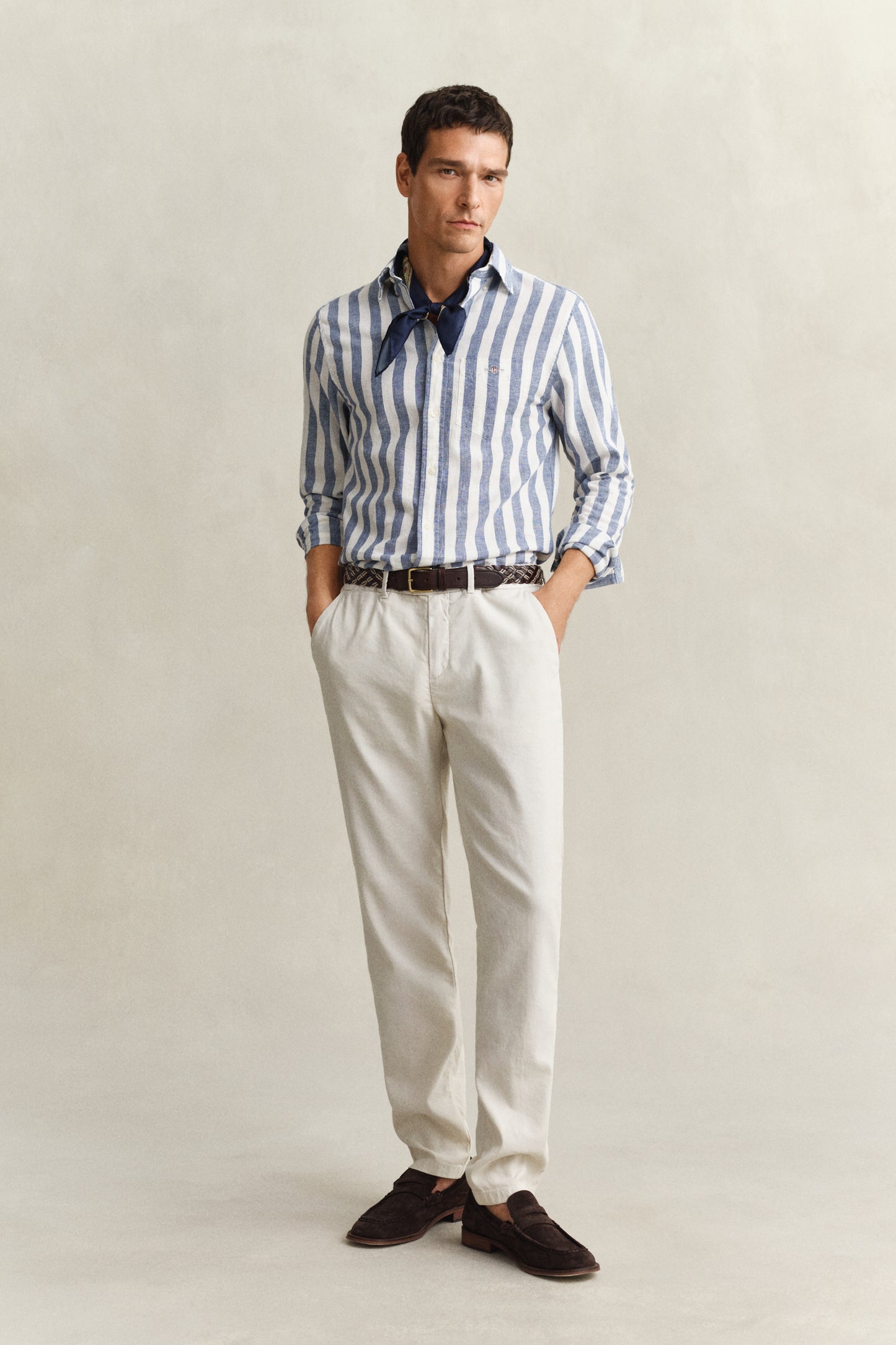 VINTAGE BLUE, REG COTTON LINEN STRIPE SHIRT BY GANT AU.