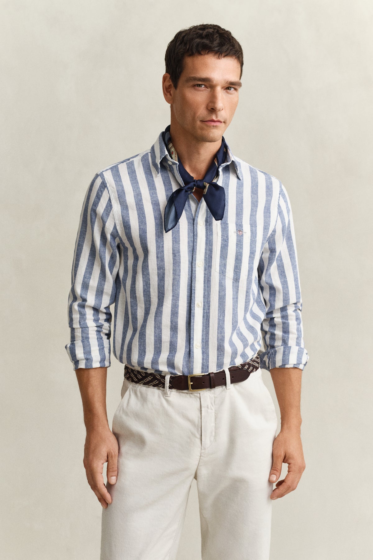 VINTAGE BLUE, REG COTTON LINEN STRIPE SHIRT, FRONT-VIEW BY GANT AU.