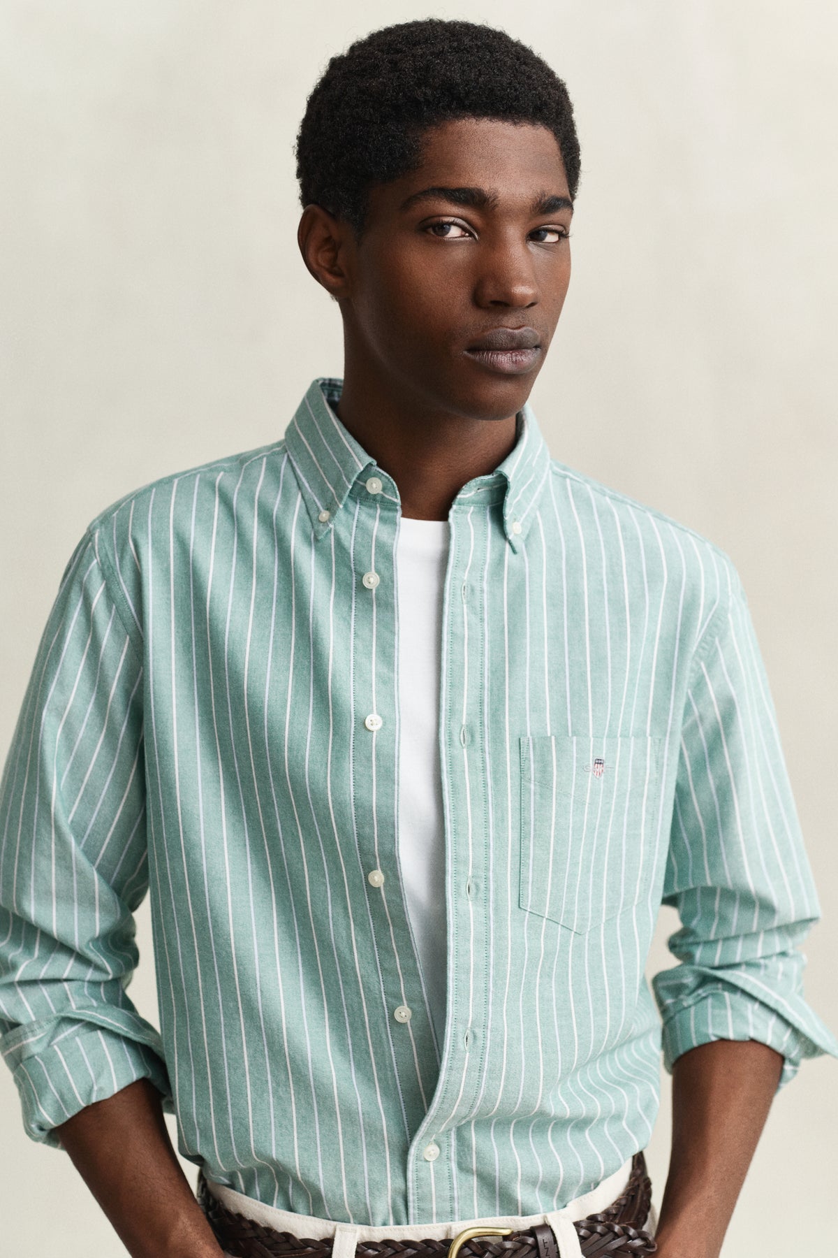 MODEL WEARING REG CLASSIC OXFORD STRIPE SHIRT