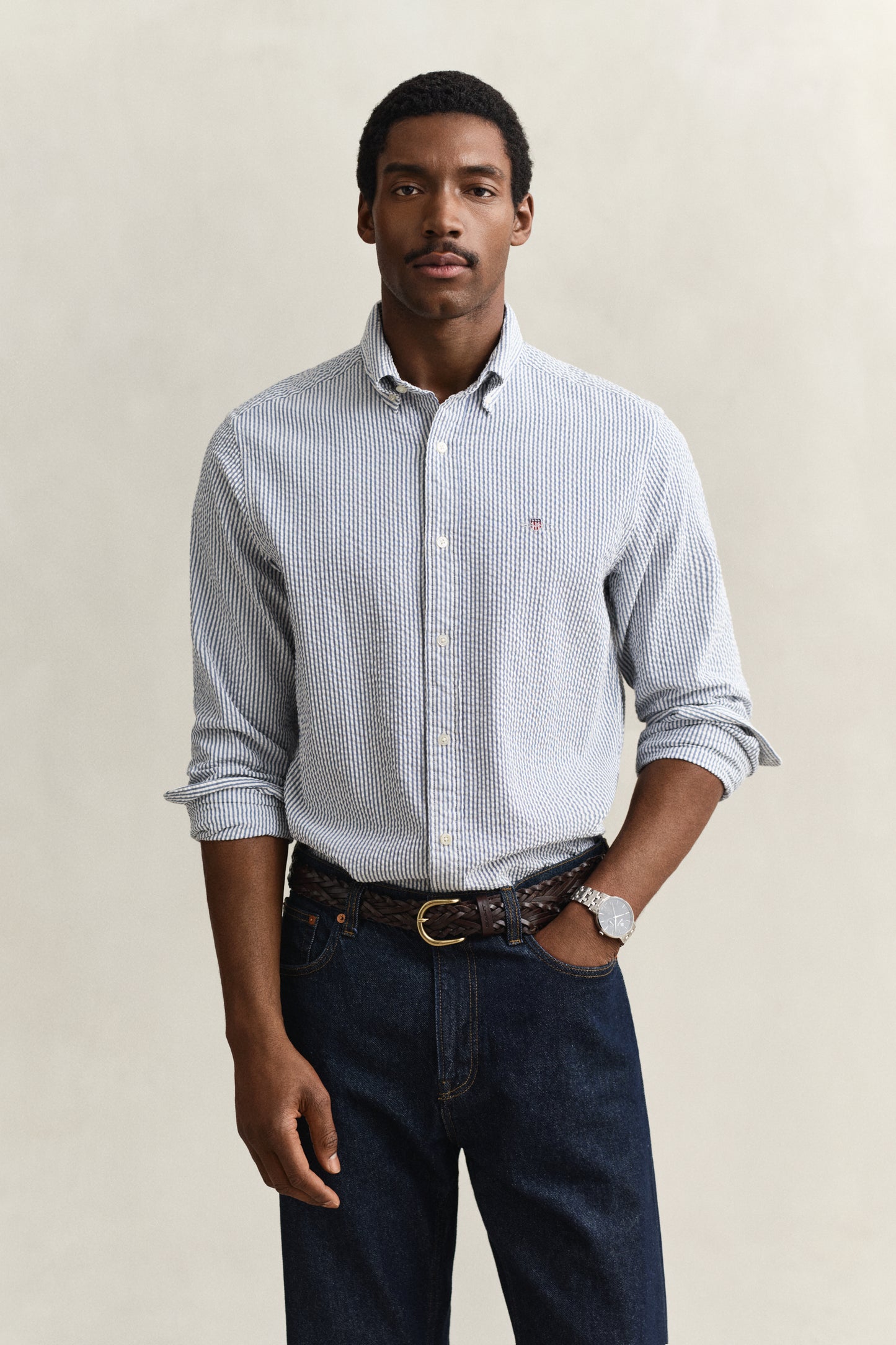 VINTAGE BLUE, REG SEERSUCKER STRIPE SHIRT, FRONT-VIEW BY GANT AU.
