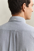 VINTAGE BLUE, REG SEERSUCKER STRIPE SS SHIRT, CLOSE-UP BY GANT AU.