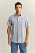 MODEL WEARING REG SEERSUCKER STRIPE SS SHIRT