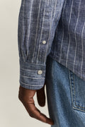 PERSIAN BLUE, REG LINEN STRIPE SHIRT, CLOSE-UP BY GANT AU.