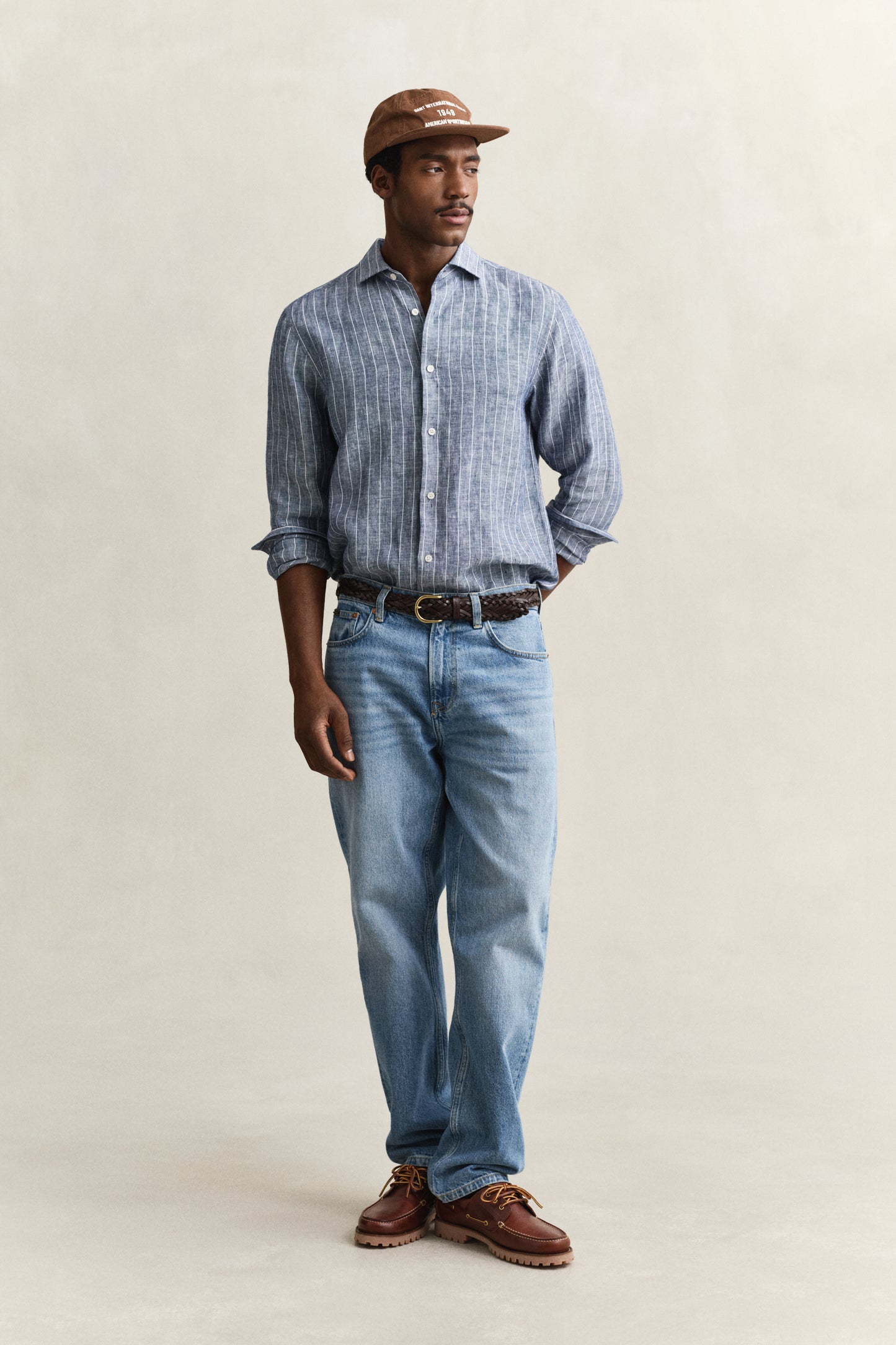 PERSIAN BLUE, REG LINEN STRIPE SHIRT BY GANT AU.