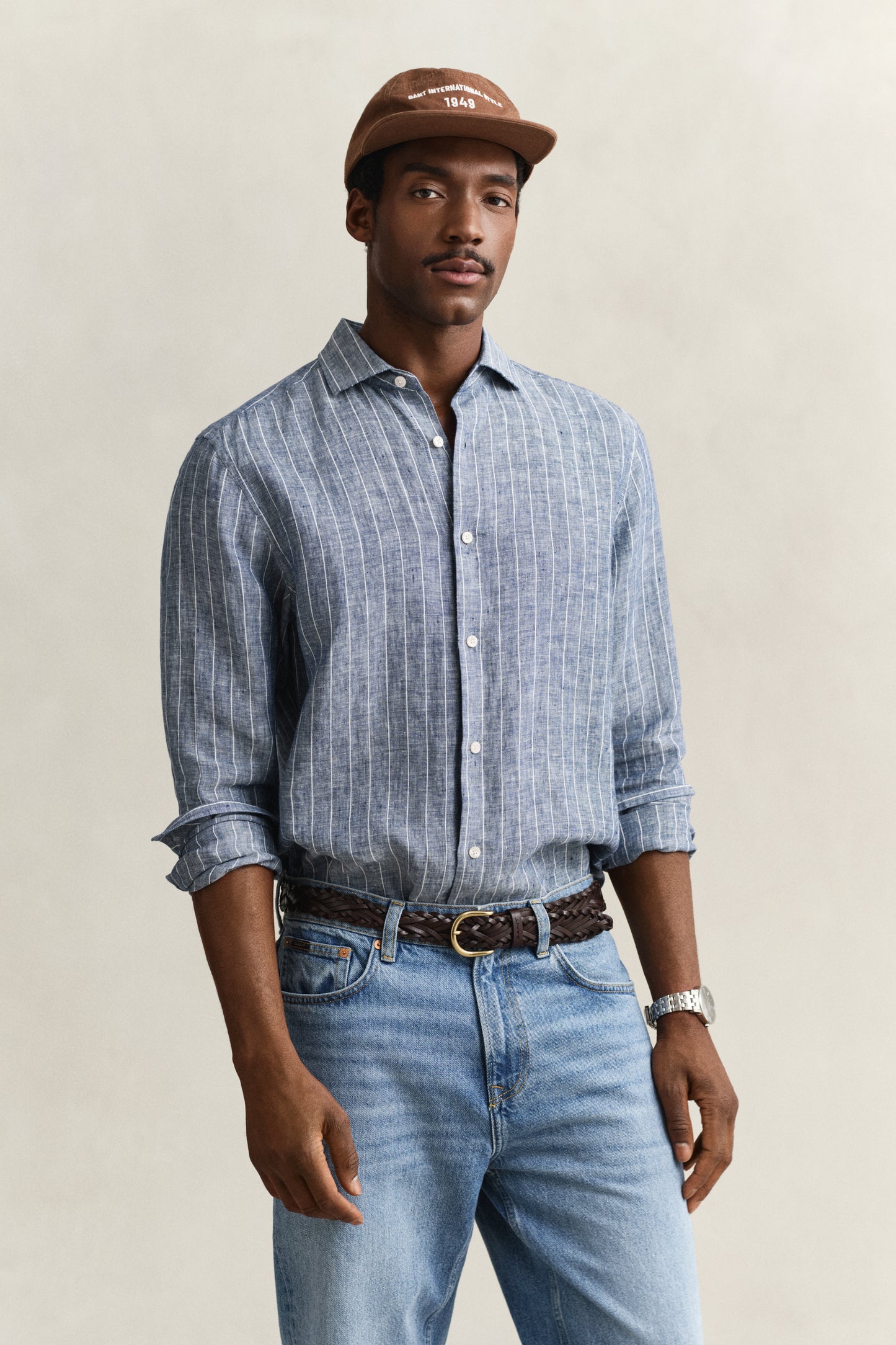 PERSIAN BLUE, REG LINEN STRIPE SHIRT, FRONT-VIEW BY GANT AU.