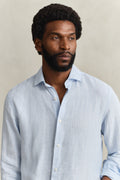 MODEL WEARING REG LINEN STRIPE SHIRT