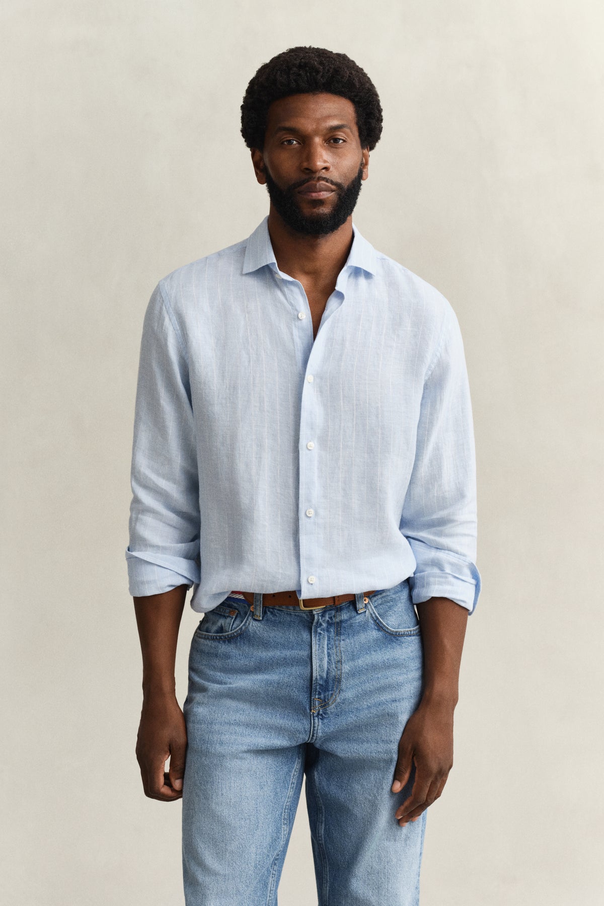 SKY BLUE, REG LINEN STRIPE SHIRT, FRONT-VIEW BY GANT AU.
