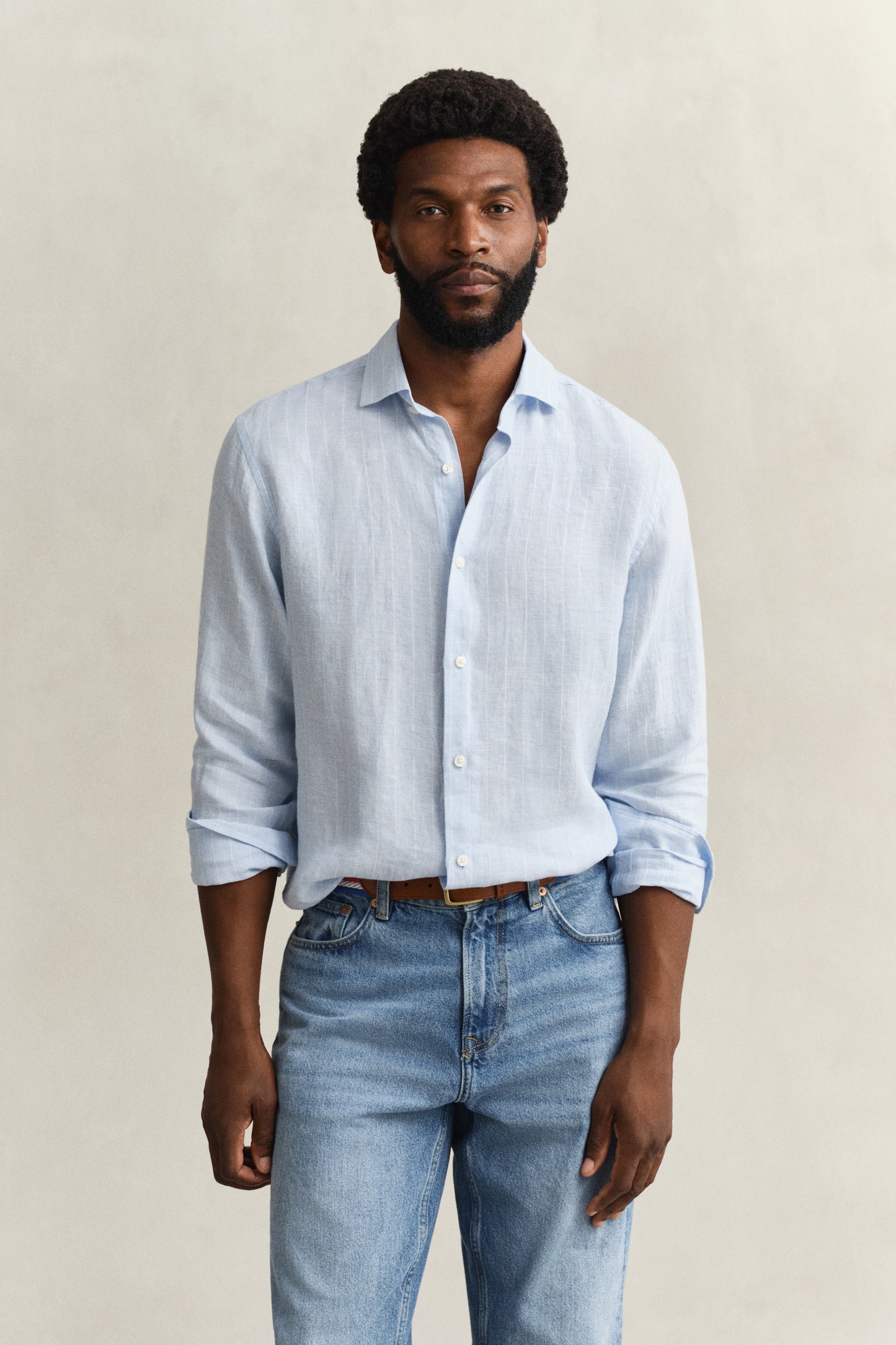 SKY BLUE, REG LINEN STRIPE SHIRT, FRONT-VIEW BY GANT AU.