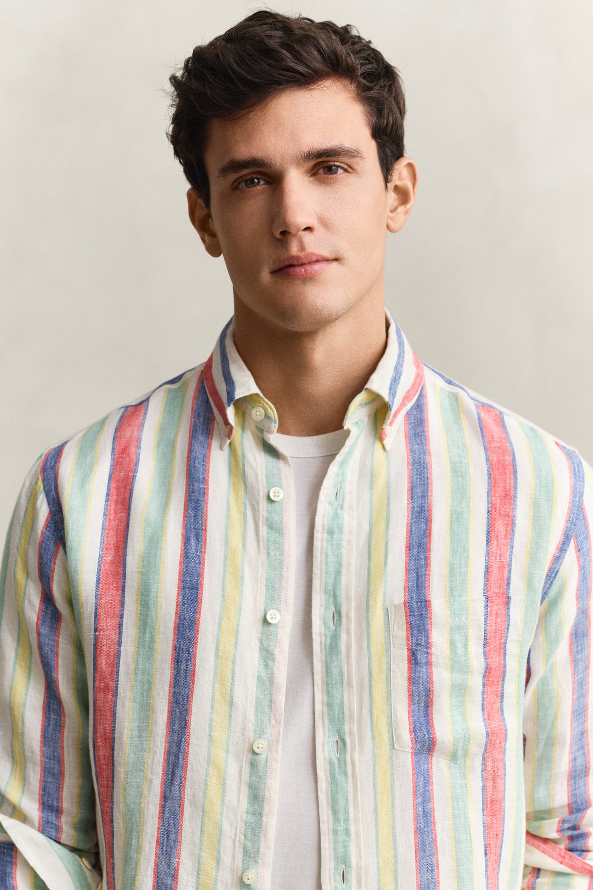 MODEL WEARING REG MULTISTRIPE LINEN SHIRT