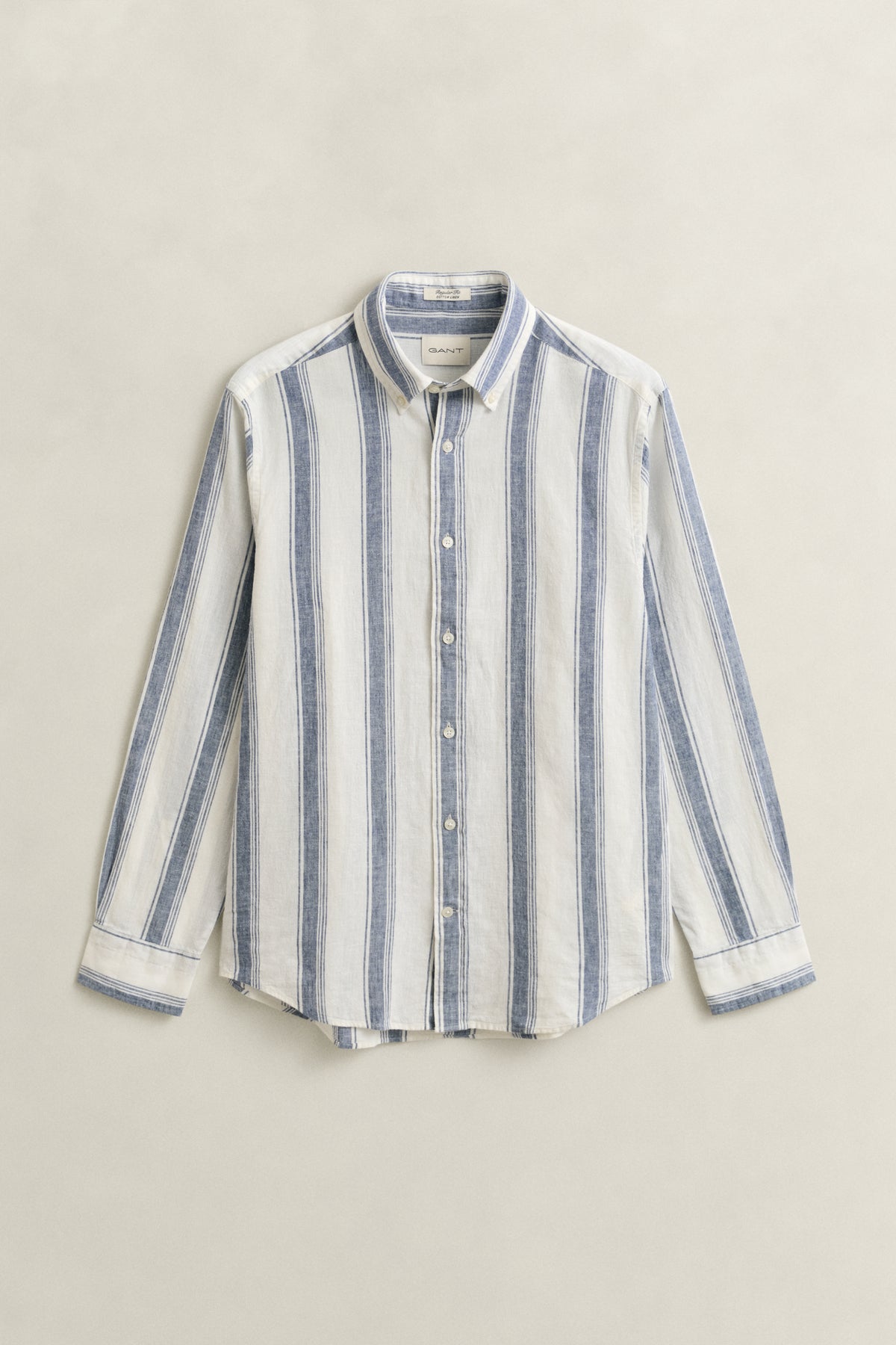 VINTAGE BLUE, REG COTTON LINEN STRIPE SHIRT, FLAT-LAY BY GANT AU.