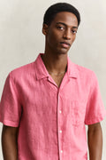 MODEL WEARING REG GMNT DYED LINEN SS CAMP SHIRT