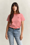 PERFECT RED, REG STRIPED SHIELD SS T-SHIRT, FRONT-VIEW BY GANT AU.